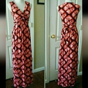 NWOT MAXI TYE DYE DRESS Orange Red White SLEEVELESS TWIST V NECK 6 WOMENS 6